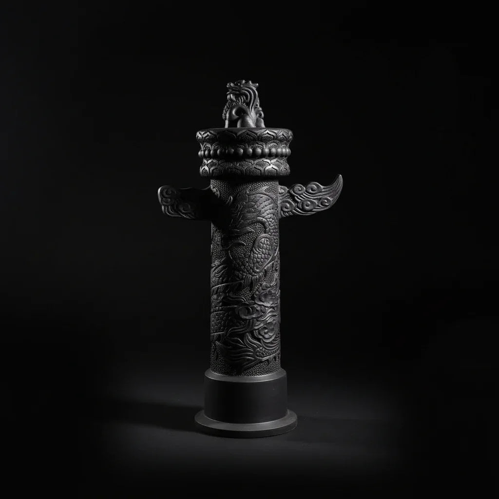 Handcrafted luxury black ceramic art sculpture with intricate carvings and heritage design