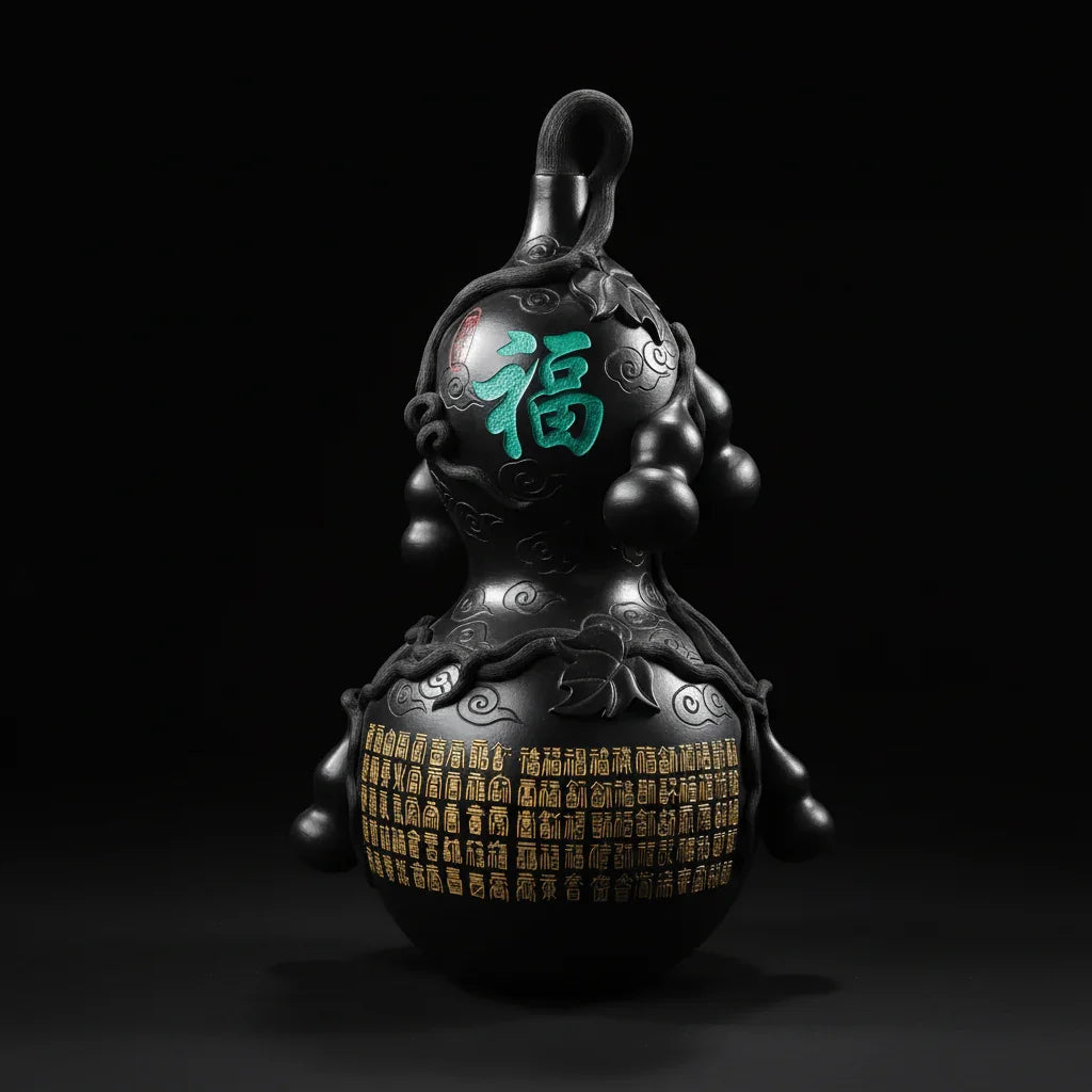 Luxury handcrafted black ceramic art gourd with intricate gold and green detailing