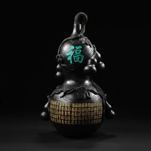 Luxury handcrafted black ceramic art gourd with intricate gold and green detailing