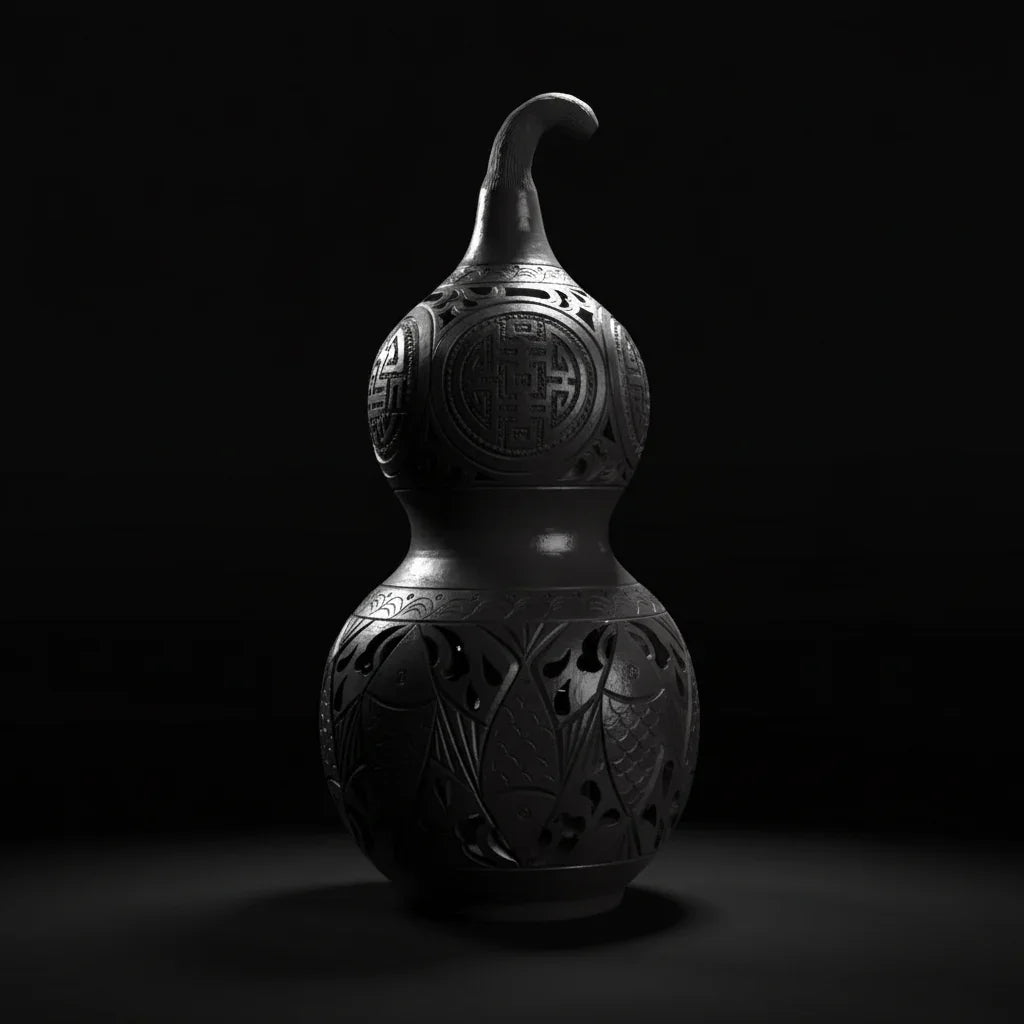 Handcrafted luxury black ceramic art gourd with intricate patterns, sculptural decor style