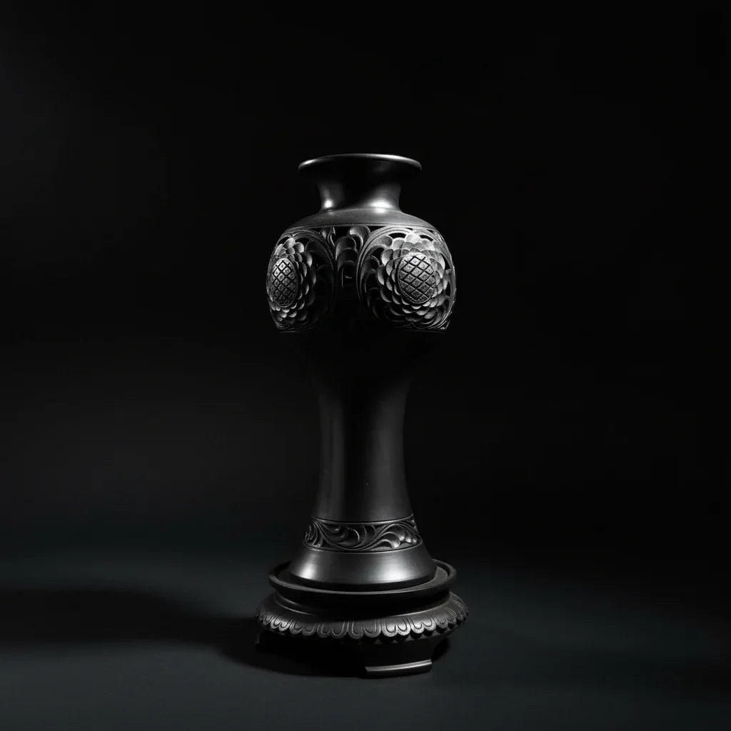 Luxury handcrafted black ceramic art piece with sculptural floral motifs on dark background