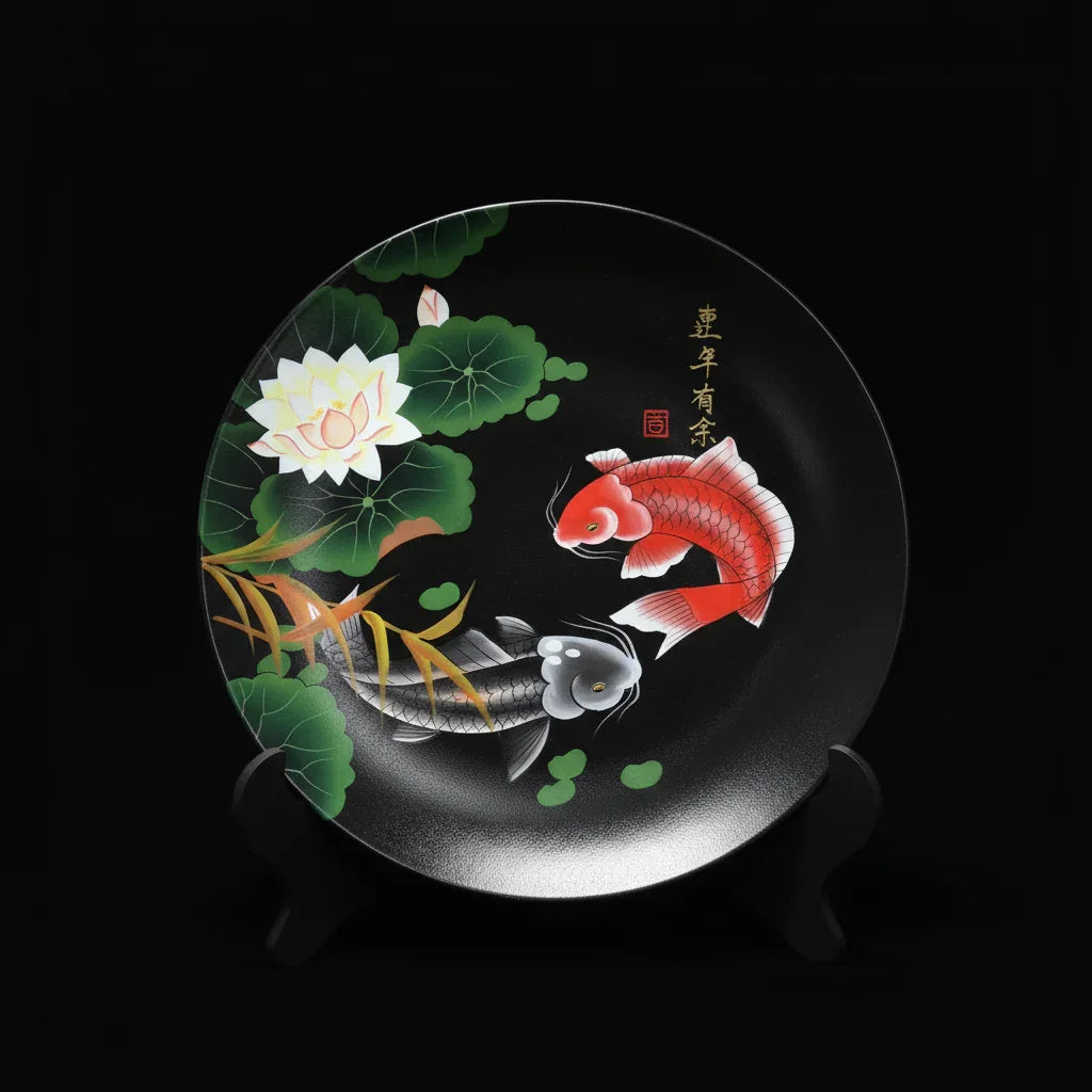 Luxury handcrafted black ceramic plate with koi fish and lotus, artisan home decor style