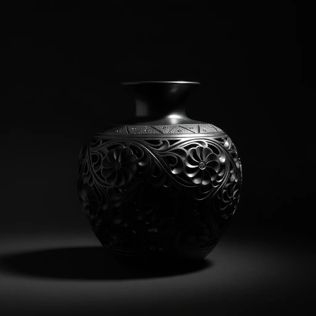 Handcrafted luxury black ceramic vase with intricate floral patterns, artisan home decor art