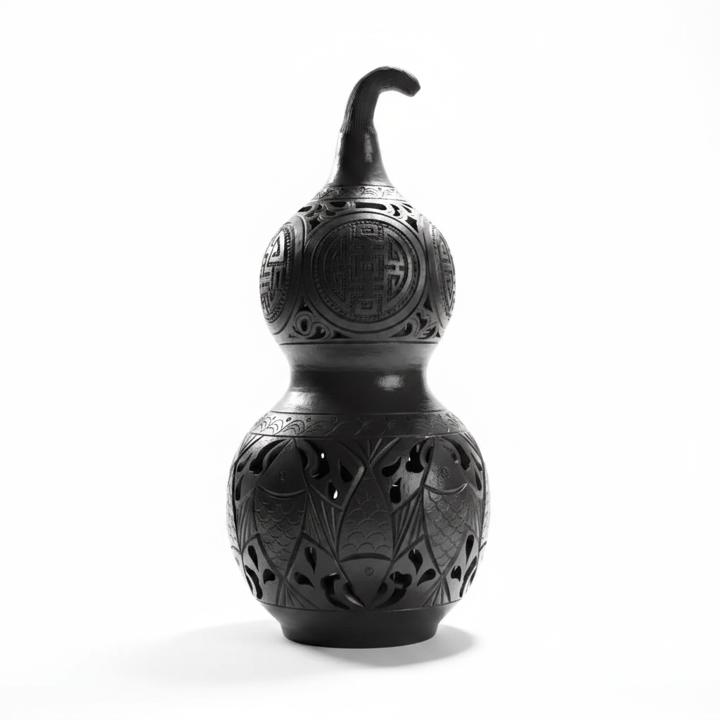 Handcrafted black ceramic gourd ornament with lucky symbols - PROSPERA luxury home decor