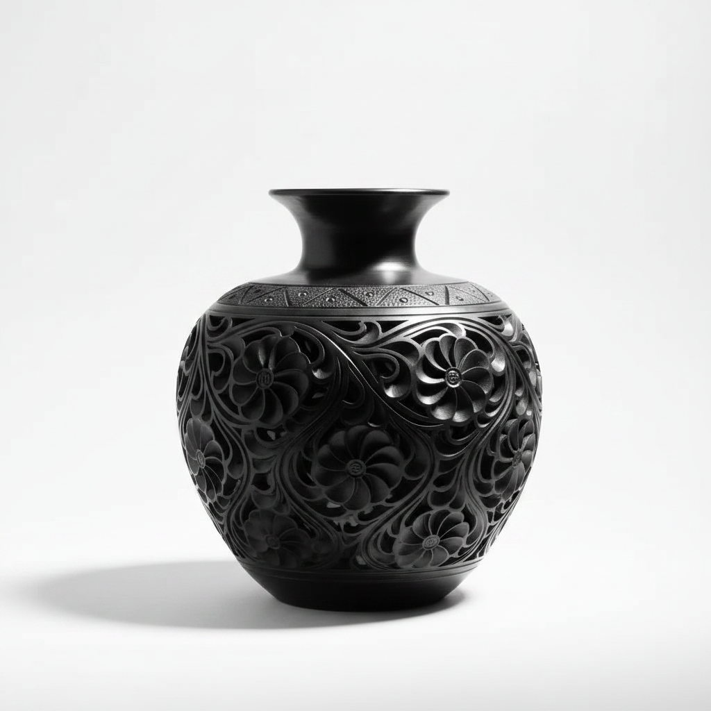 Black Ceramic Vase Handcrafted Pottery Jar | Dragon Pattern Black Pottery Art | PROSPERA